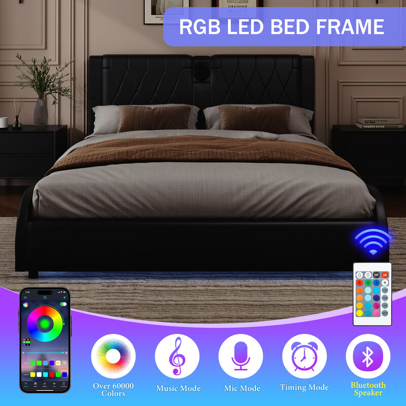 Merax Luxurious Faux Leather Platform Bed with Bluetooth Speakers