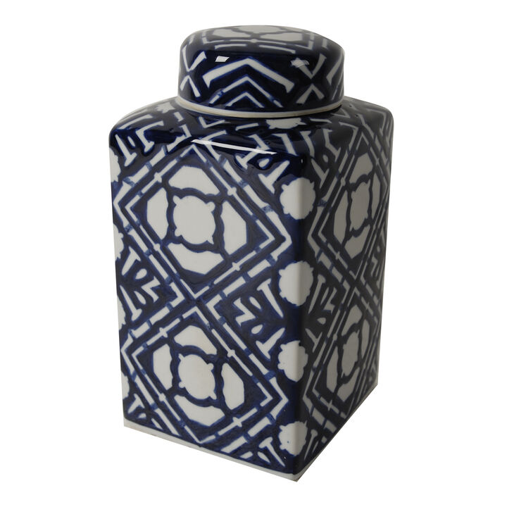 10 Inch Lidded Jar, Porcelain Construction, Deep Blue Graphic Trellis-Benzara