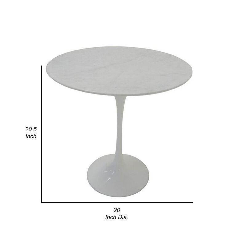 Sufi 21 Inch Side End Table, Round Top, Pedestal Base, Marble White Finish - Benzara