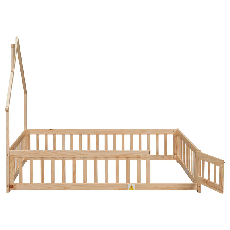 Full House-Shaped Headboard Floor Bed with Fence,Natural
