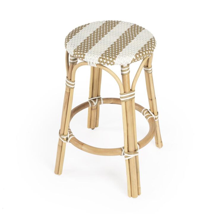 Butler Specialty Tobias Rattan Round 24 Counter Stool, Tan and White Stripe
