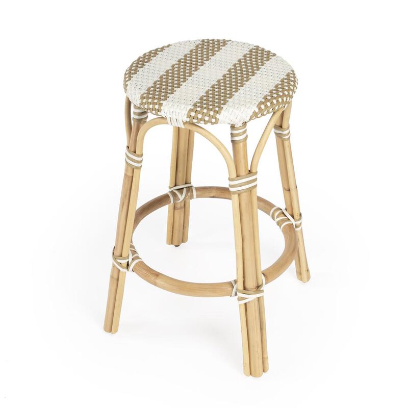 Butler Specialty Tobias Rattan Round 24 Counter Stool, Tan and White Stripe