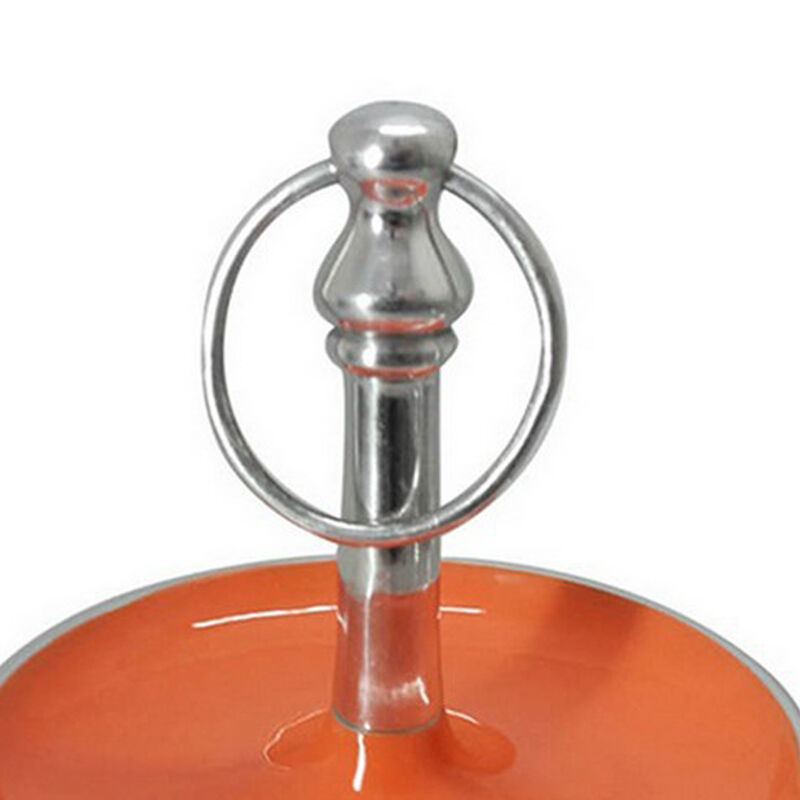 Lio 12 Inch 2 Tier Serving Tray, Orange Round Plate, Silver Aluminum Finish - Benzara