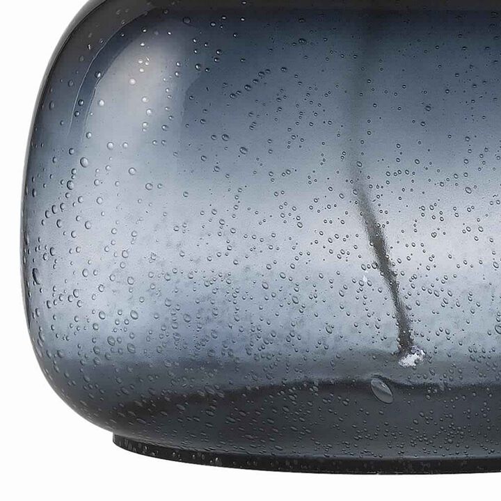 Glass Body Table Lamp with Drum Shade and Bubble Design, Blue and White-Benzara