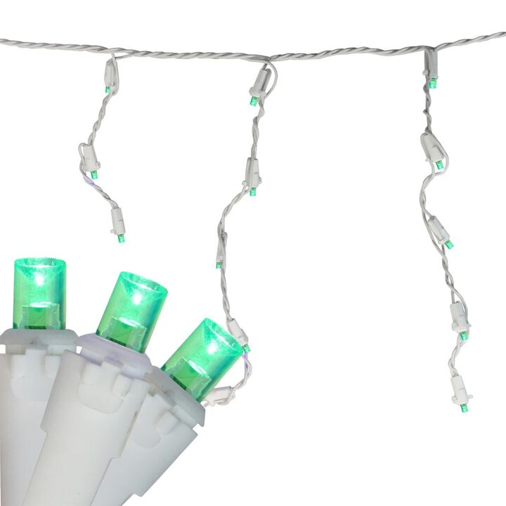 100 Count Green LED Wide Angle Icicle Christmas Lights  5.5ft White Wire