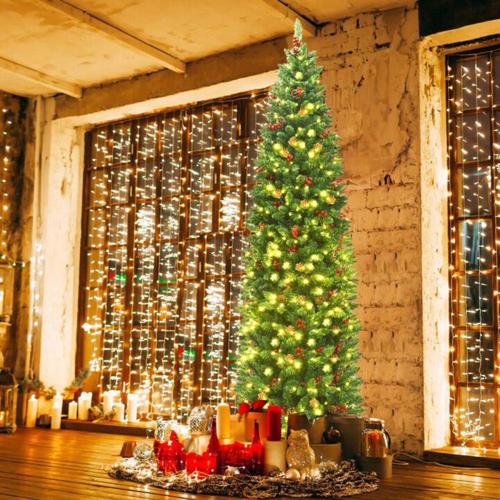Hivvago 7.5 Feet Pre-lit Hinged Pencil Christmas Tree with Pine Cones Red Berries