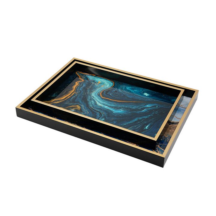 Set of 2 Rectangular Decorative Trays, Tall Rims, Faux Marble, Blue, Gold - Benzara