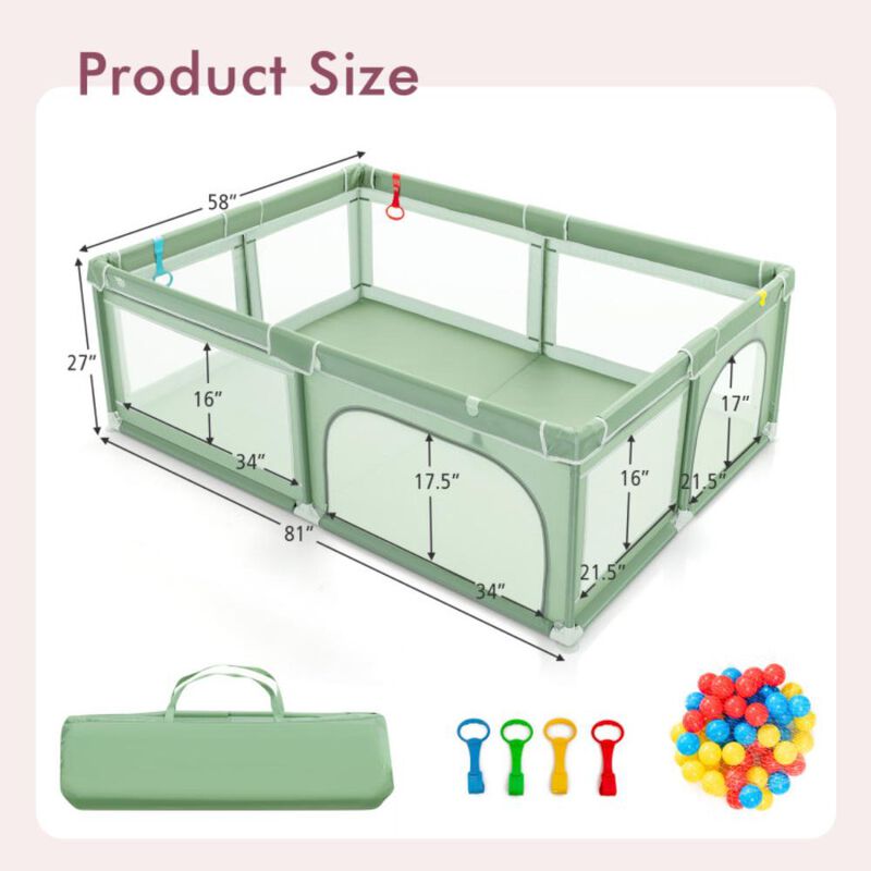 Hivvago 81 x 59 Inch Portable Baby Playpen with Ocean Balls and Handlebars