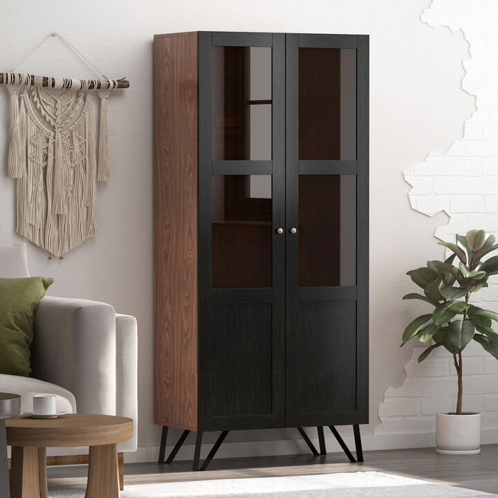 70.7 in. H Brown Wood 2 Glass Door Accent Cabinet W/3-Tier Shelves and Metal Legs Storage Cabinet Bookshelf Cupboard