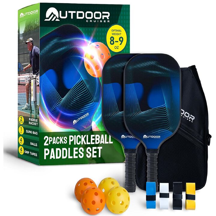 Outdoor Cruiser Pickleball Paddle Set – USAPA Approved, Premium Fiberglass Paddles with Lightweight Shock-Absorbing Grip, Includes 2 Rackets, 4 Balls, Grip Tapes, and Sling Carry Bag