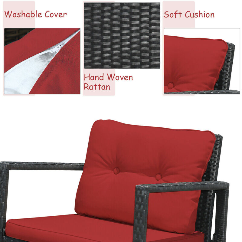 3 Pieces Cushioned Patio Rattan Set with Rocking Chair and Table-Red
