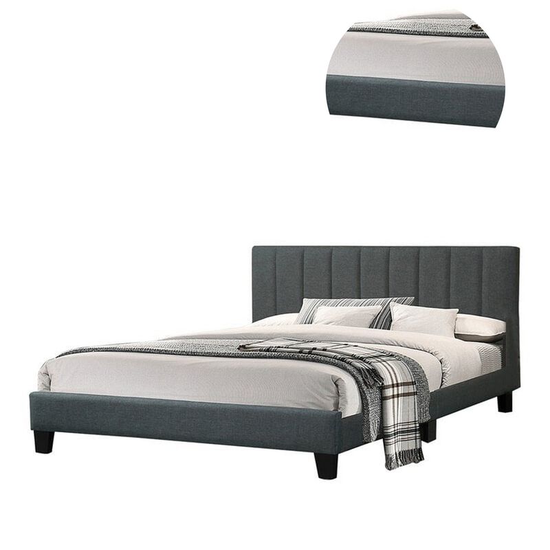 Eve Platform King Size Bed, Vertical Channel Tufting, Charcoal Upholstery - Benzara