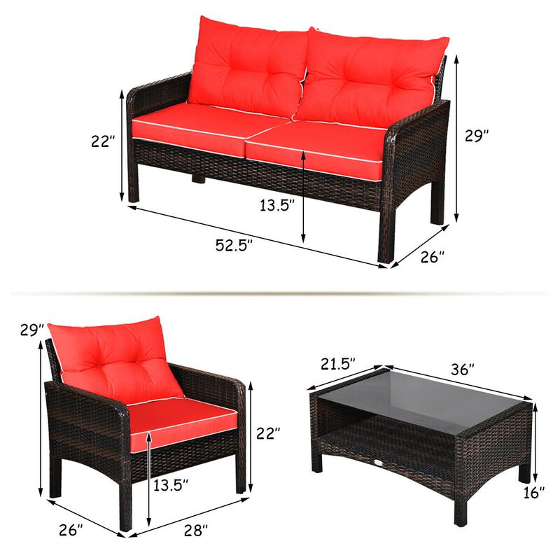 4 Pieces Outdoor Rattan Wicker Loveseat Furniture Set with Cushions
