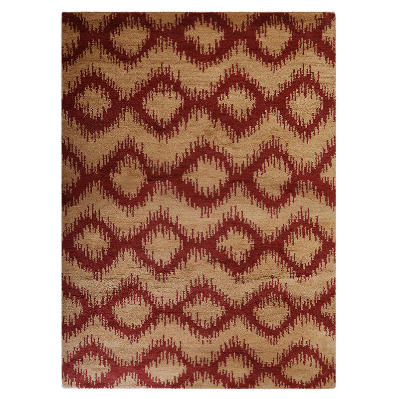 HAND KNOTTED WOOL Geometric AREA RUGS  - 9'x12', Rectangle Shape, Red Gold Color, Geometric Modern, Medium Pile Handmade Area Rugs for Living Room, Bed Room (N00165)
