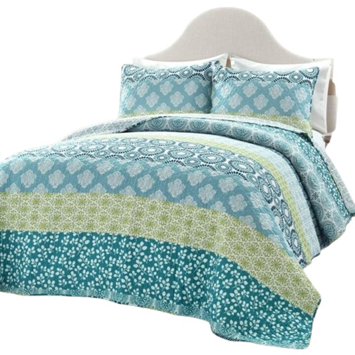 Hivvago King size Cotton 3 Piece Reversible Blue White Green Floral Damask Quilt Set