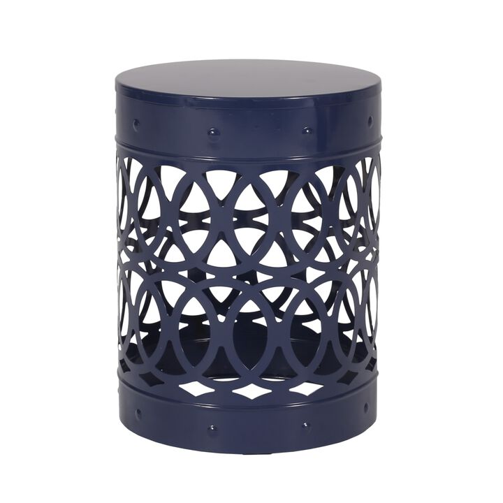 Kemo Outdoor End Table, Round 14 Inch, Cutout Design, Navy Blue Iron - Benzara