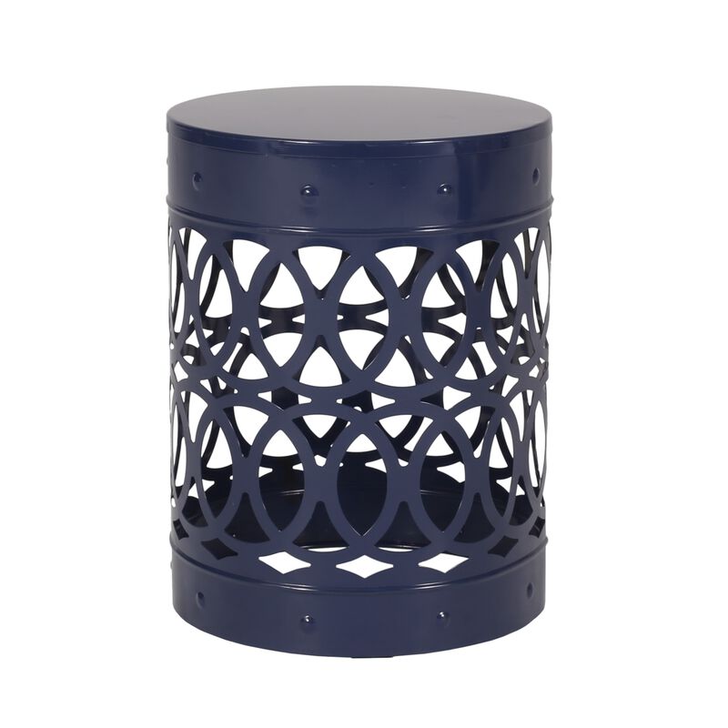 Kemo Outdoor End Table, Round 14 Inch, Cutout Design, Navy Blue Iron - Benzara