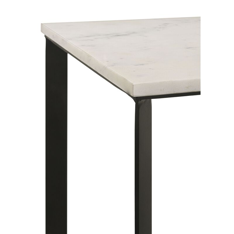 Sovi 24 Inch Side End Table, Square Marble Top, Black Metal Frame, White - Benzara