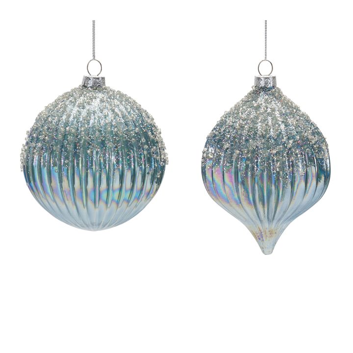 Beaded Irredescent Wintery Blue Glass Ornament (Set of 6)