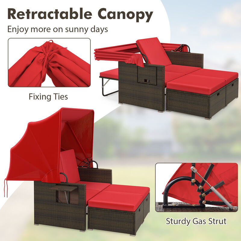 Outdoor Patio Rattan Daybed with Retractable Canopy and Adjustable Backrests