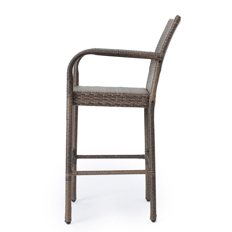 Drip Outdoor Barstool Chair Set of 2, Brown PE Rattan Woven and Iron - Benzara