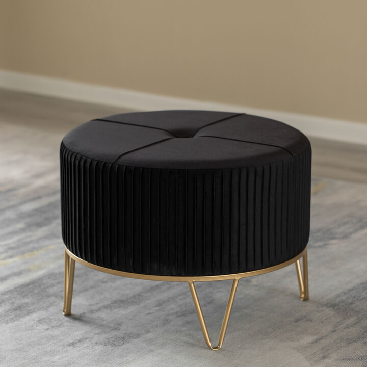 Round Velvet Ottoman Stool Raised with Hairpin Gold Base, Black, Large
