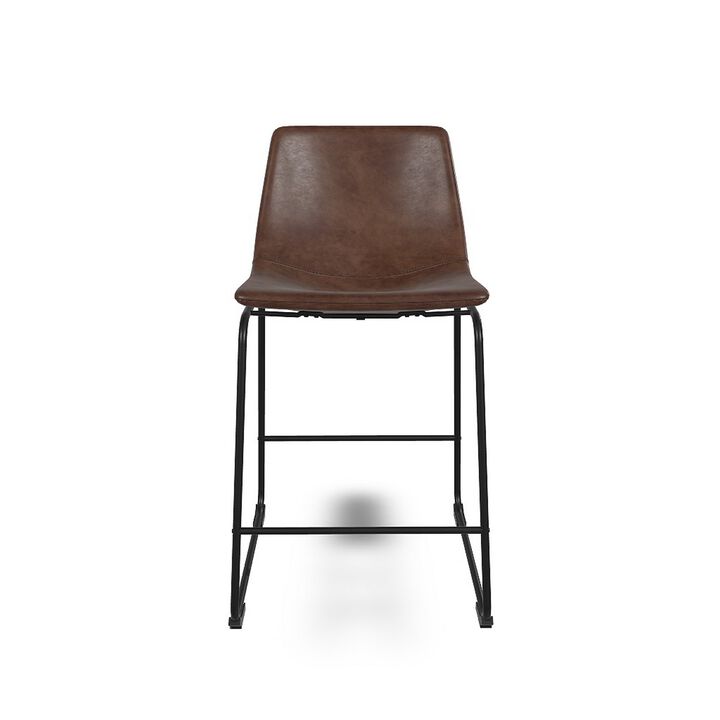 Tia Counter Height Chair Set of 2, Brown Faux Leather, Bucket Seat - Benzara