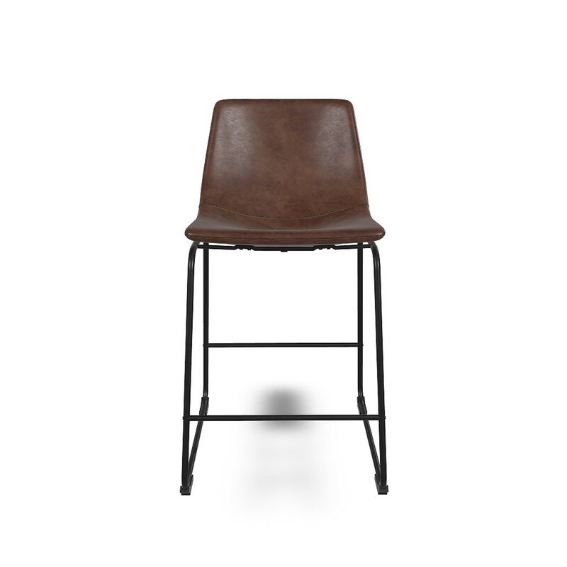 Tia Counter Height Chair Set of 2, Brown Faux Leather, Bucket Seat - Benzara