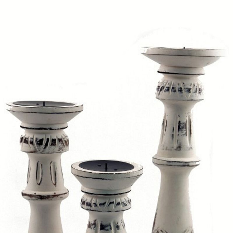 Benzara Distressed Mango Wood Pillar Shaped Candle holder, Set of 3, White-Benzara