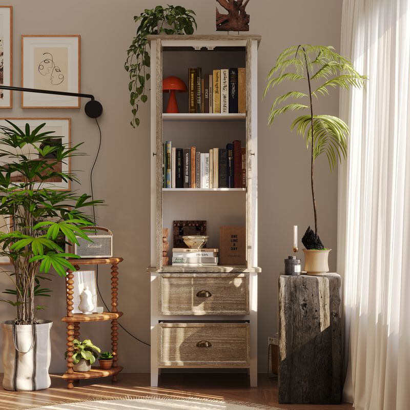FUFU&GAGA Modern Tall Bookshelf with Glass Doors and Drawers for Home Office and Study, (23.6" W x 73" H x 15.7" D), White & Brown
