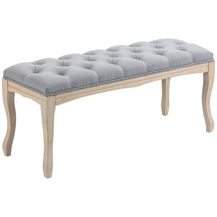 Grey Entryway Bench: 43" Linen Fabric Ottoman with Tufted Design