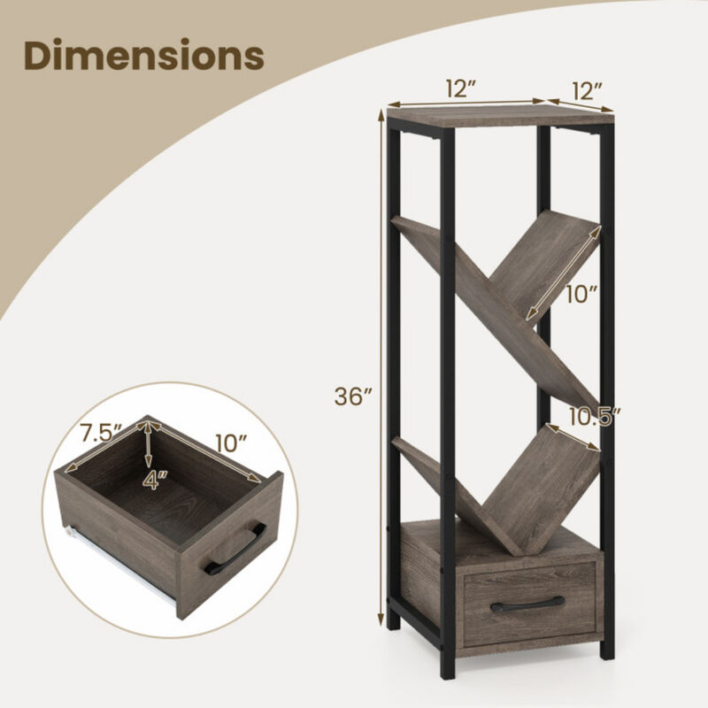 4 Tier Floor Tree Bookshelf with Drawer and Metal Frame