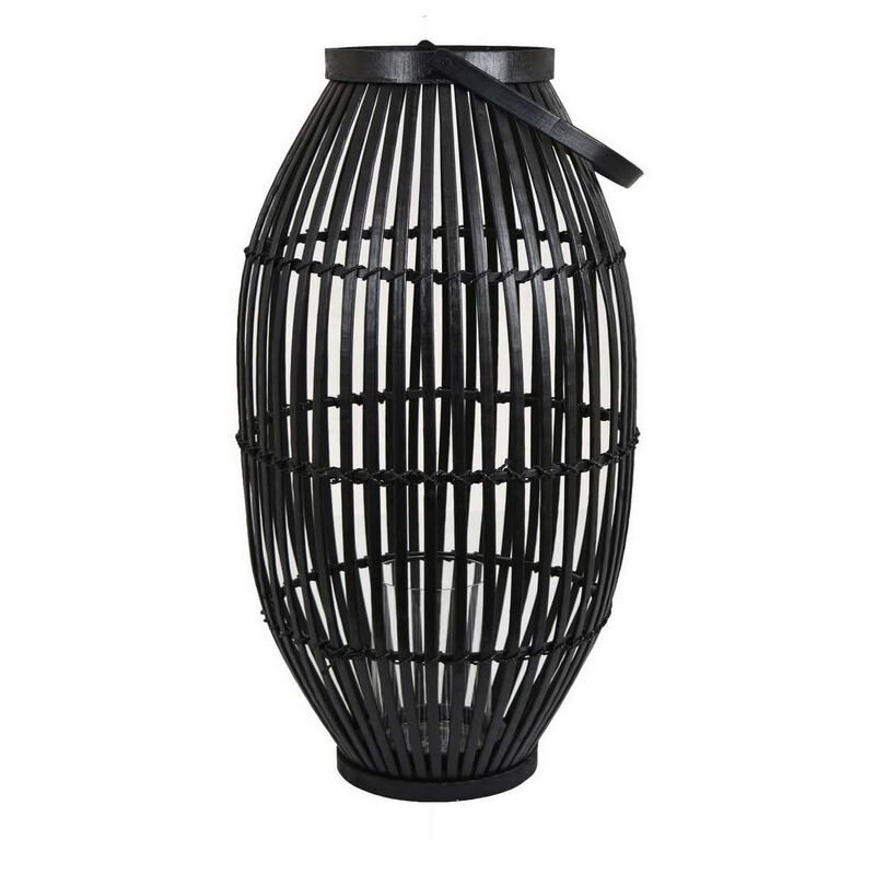 Gyna 30 Inch Modern Tabletop Lantern, Woven Cylindrical Decoration, Black - Benzara
