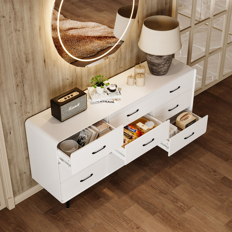 FUFU&GAGA Modern 9-Drawer Dresser, White Storage Dresser with Black Handles & Legs, Wooden Chest of Drawers, (63" W x 30.7" H x 15.7" D),White