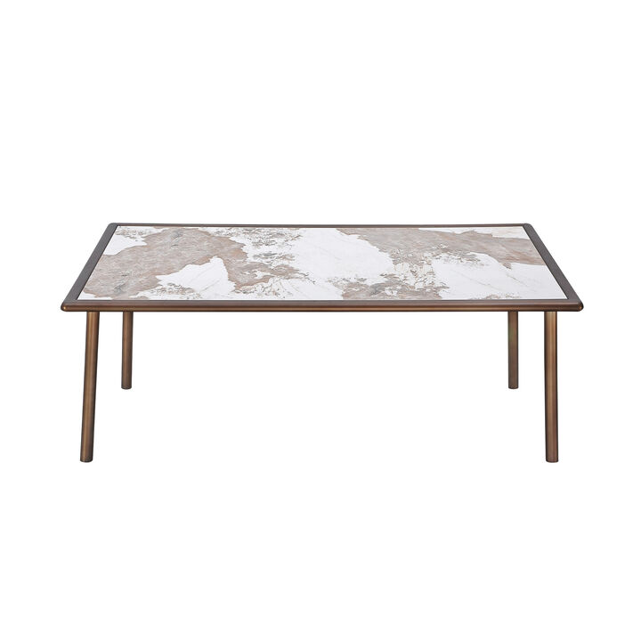 Zame 79 Inch Dining Table, Rectangular White Stone Top, Steel Legs, Bronze - Benzara