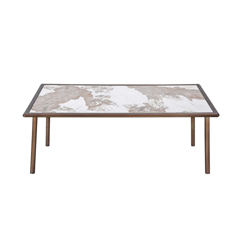 Zame 79 Inch Dining Table, Rectangular White Stone Top, Steel Legs, Bronze - Benzara