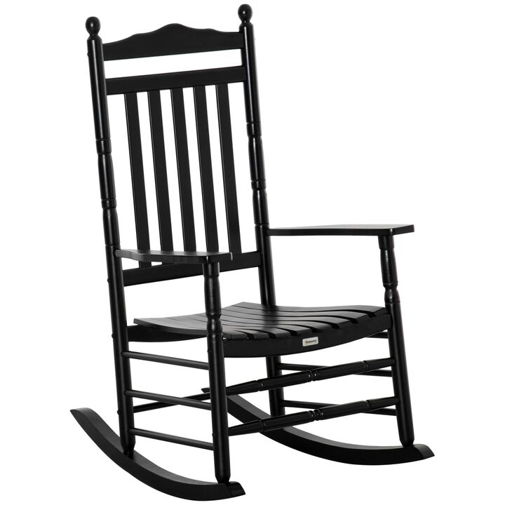 Black Porch Rocker: High-Back Wooden Indoor/Outdoor Rocking Chair