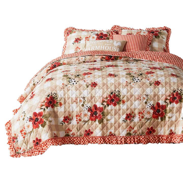 2pc Twin Quilt and Pillow Sham Set, Windflowers, Ruffle Edge, Truffle Brown - Benzara