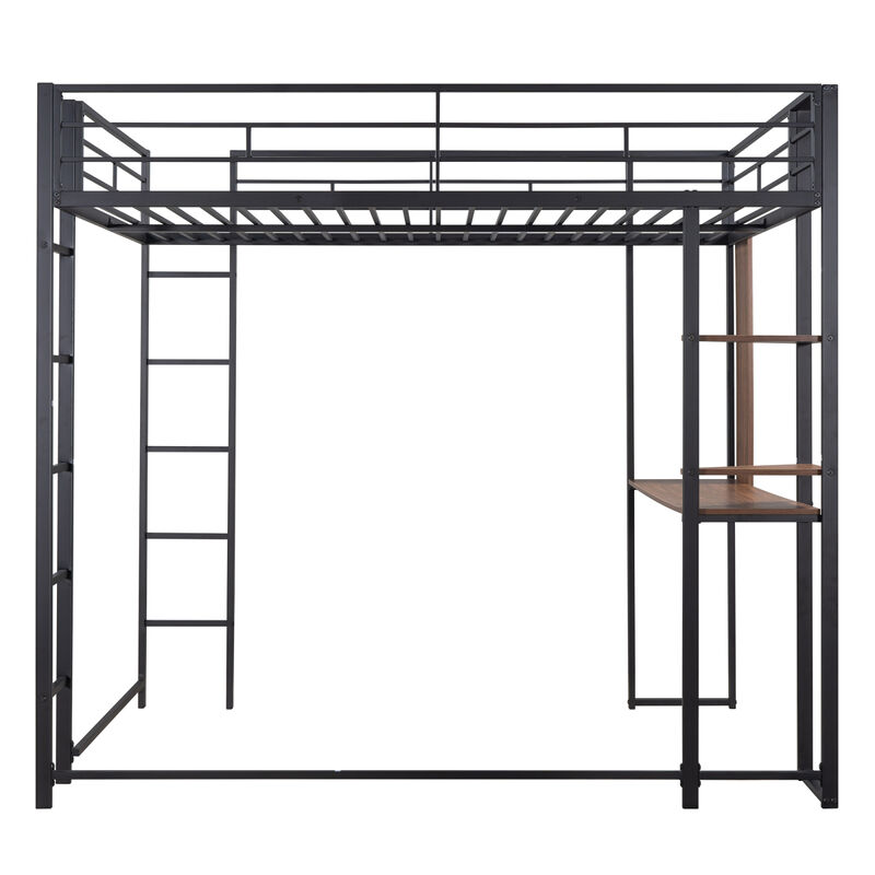 Full Size Metal Loft Bed With 2 Shelves And One Desk