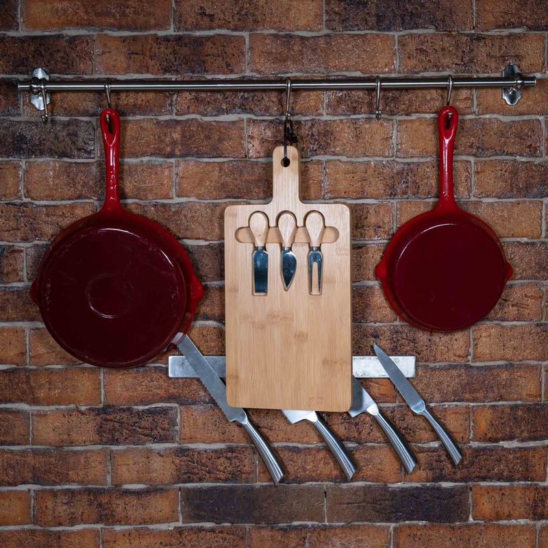 Bamboo Cheese Board and Knife Set - 12x8 inch Charcuterie Board with Magnetic Cutlery Storage - Wood Serving Tray with Handle