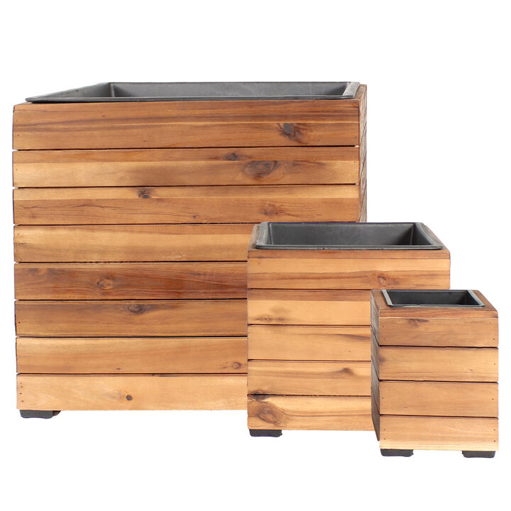 Sunnydaze 3-Piece Acacia Square Planter Boxes with Liners