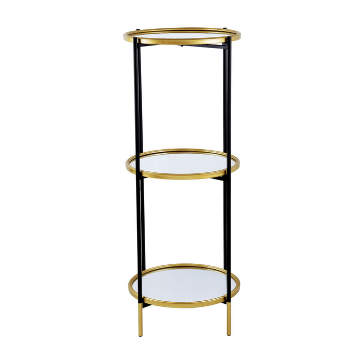Ara 39 Inch Round 3 Tier Shelf, Metal, Mirrored Glass Shelves, Black, Gold-Benzara