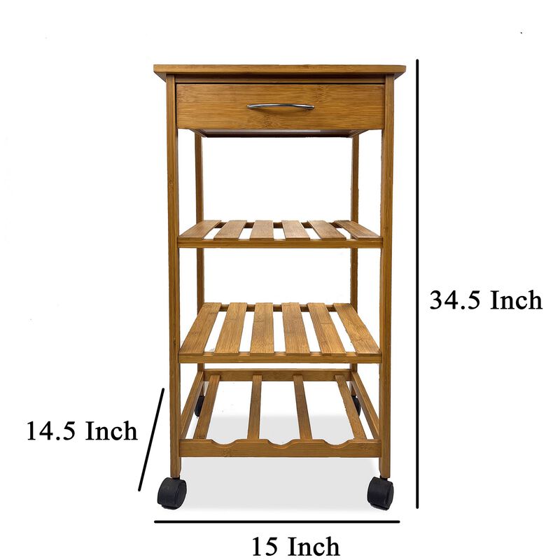 Harry Kitchen Bar Cart, 1 Drawer, 3 Shelves, Brown Bamboo, Rolling Wheels
