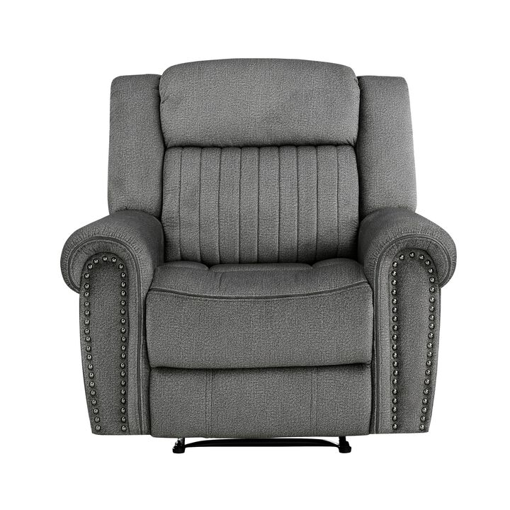 Ben 38 Inch Manual Recliner Chair, Gray Microfiber, Plush Foam, Solid Wood - Benzara