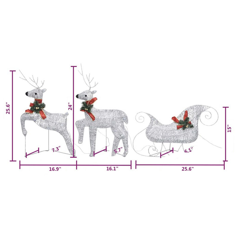7pc Outdoor 140 LED Light Christmas Reindeer and Sleigh, Silver - Benzara