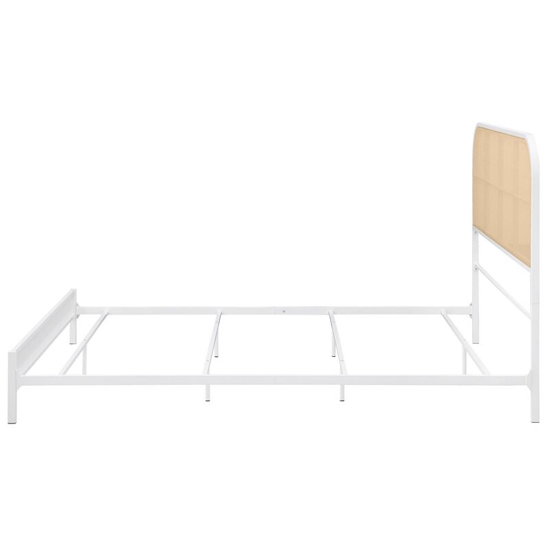 Ammy Queen Bed, Radio Weave Headboard, Brown Faux Rattan, White Metal  - Benzara