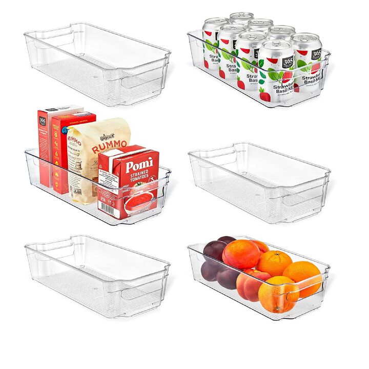 Lifemaster Multi-Purpose Refrigerator Bins - 6 Pieces Usable And Stackable Design Fridge Bin Organizer With Easy Grip Handles - Clear