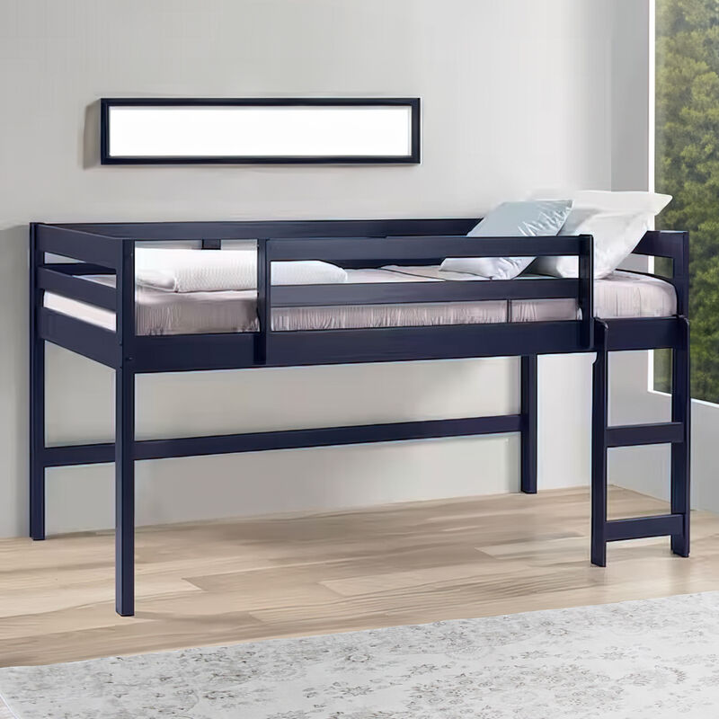 Twin Loft Bed with Wooden Frame and Reversible Ladder, Blue-Benzara