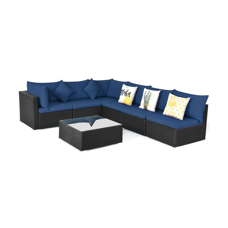7 Pieces Sectional Wicker Furniture Sofa Set with Tempered Glass Top-Navy