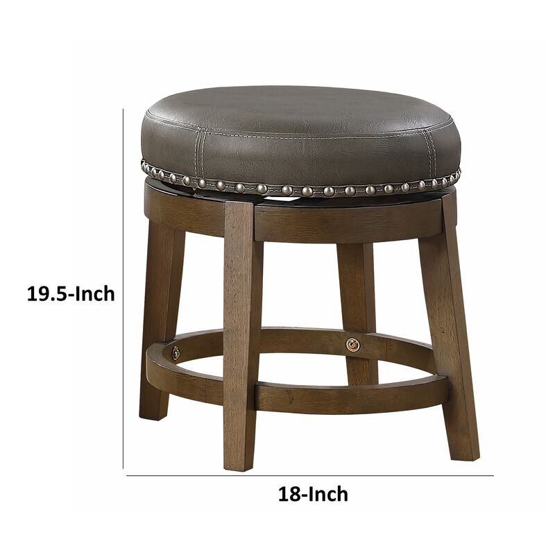 Bara 20 Inch Swivel Dining Stool, Gray Round Faux Leather, Set of 2, Brown - Benzara